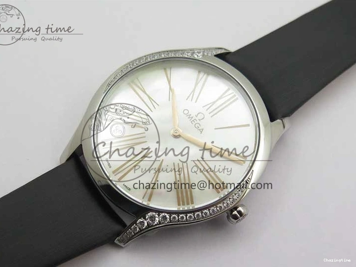 0420 StreetReady Ladies’ De Ville Trésor Diamond SS 3AF 1:1 Best Edition White MOP Dial RG Markers On Black Fabric strap Swiss Quartz 7884